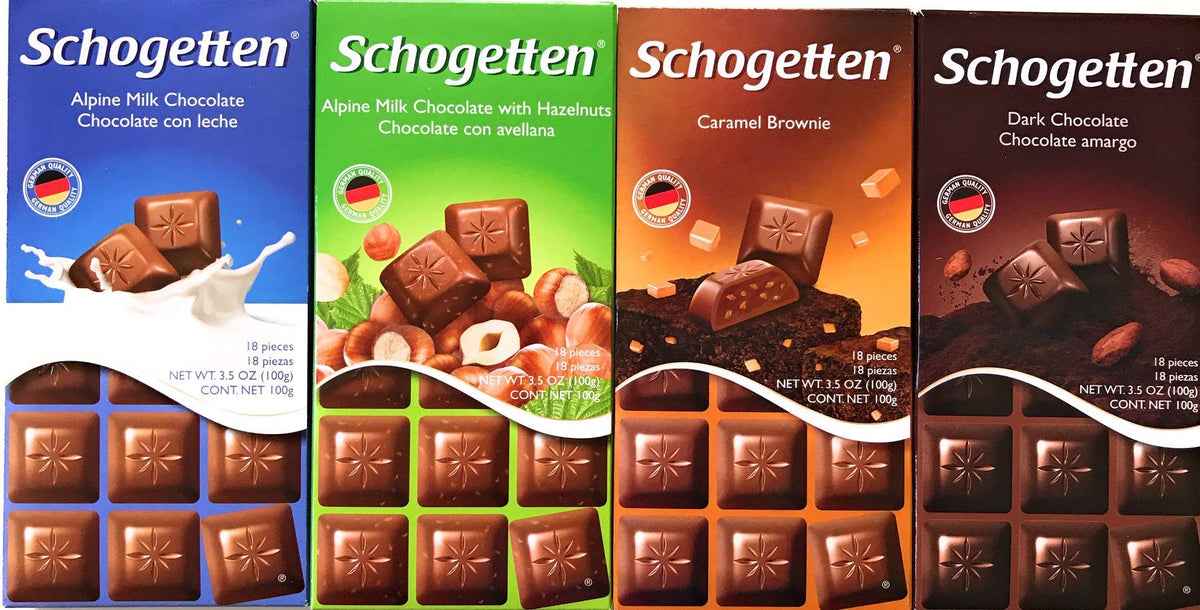 Schogetten German Chocolate Variety Pack Milk Chocolate, Caramel, Dark and Alpine Milk with Hazelnuts. Freshly imported from Europe (Bundle of 4)