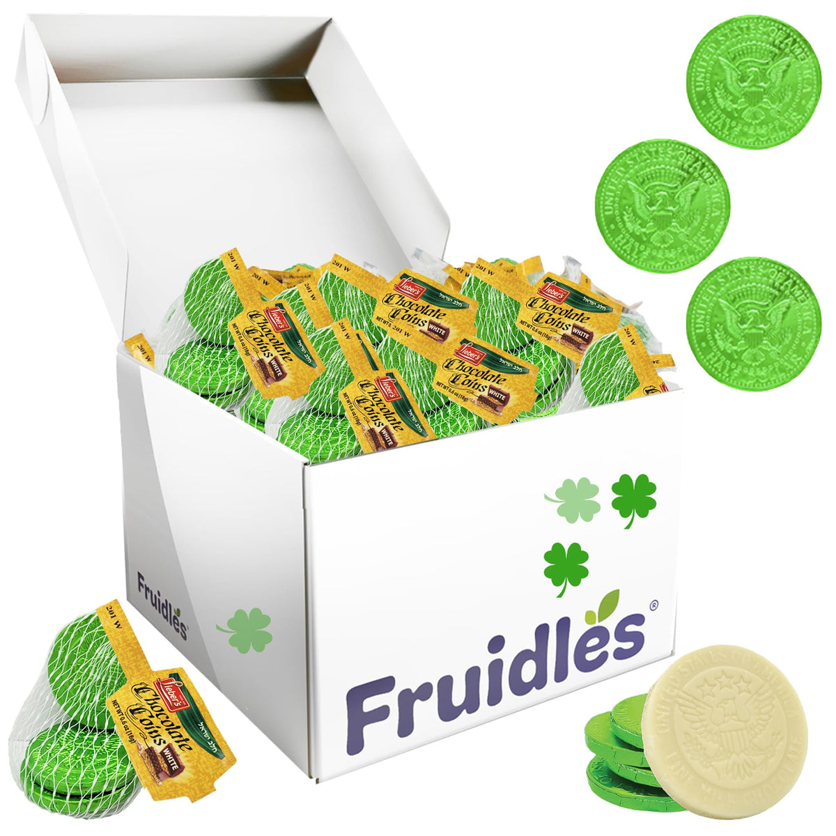 St. Patrick's White Milk Chocolate Coins in Mesh Bags, Green Foil Half-Dollar Design, Dairy Milk Chocolate, Kosher (72 Mesh Bags)