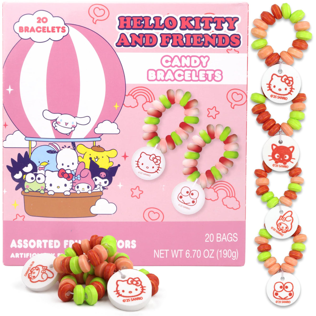 Hello Kitty Candy Bracelets, Edible Jewelry with Character Charms, Individually Wrapped Party Favors, 20 Pieces Inside