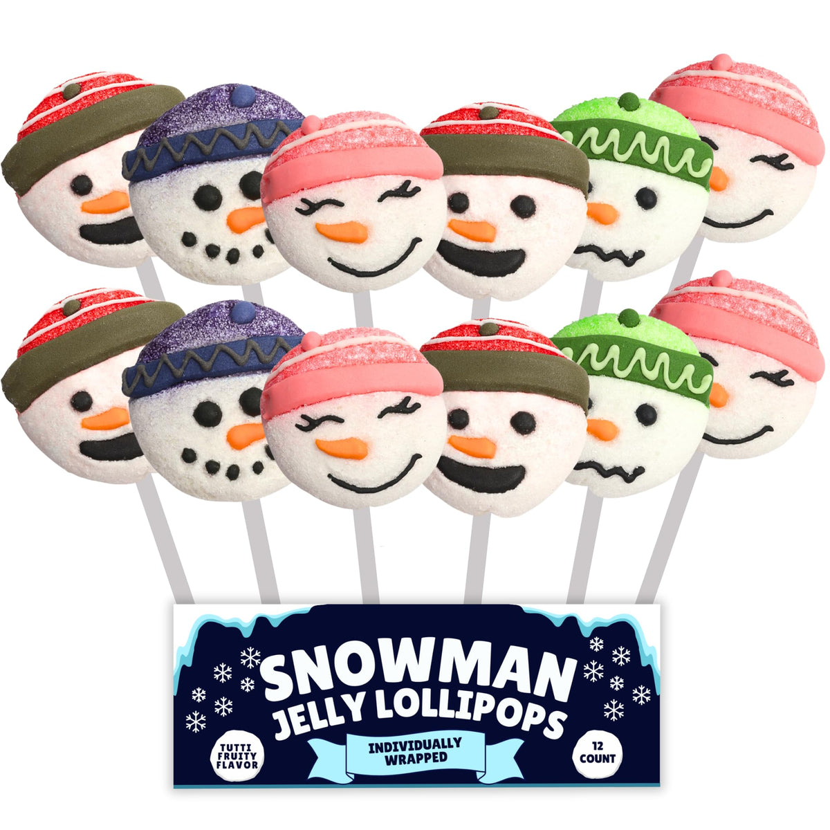 Sweetzo Snowman Jelly Lollipops, Individually Wrapped Gummy Christmas Candy, Holiday Stocking Stuffers (Pack of 12)