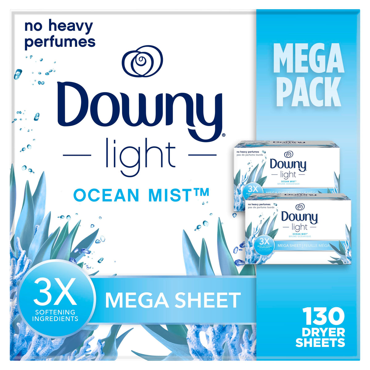 Downy Light Mega Dryer Sheets, Laundry Fabric Softener, Ocean Mist, 130 Count