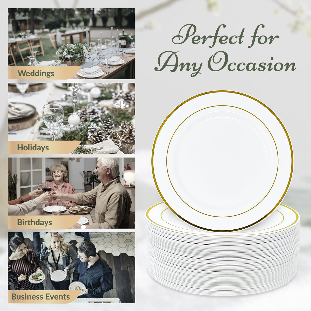 Reli. 110 Pcs Plastic Dinner Plates, Disposable (10.25 inch, White w/Gold Rim) Heavy Duty Plates for Party, Elegant Dinner, Wedding, Birthday | White