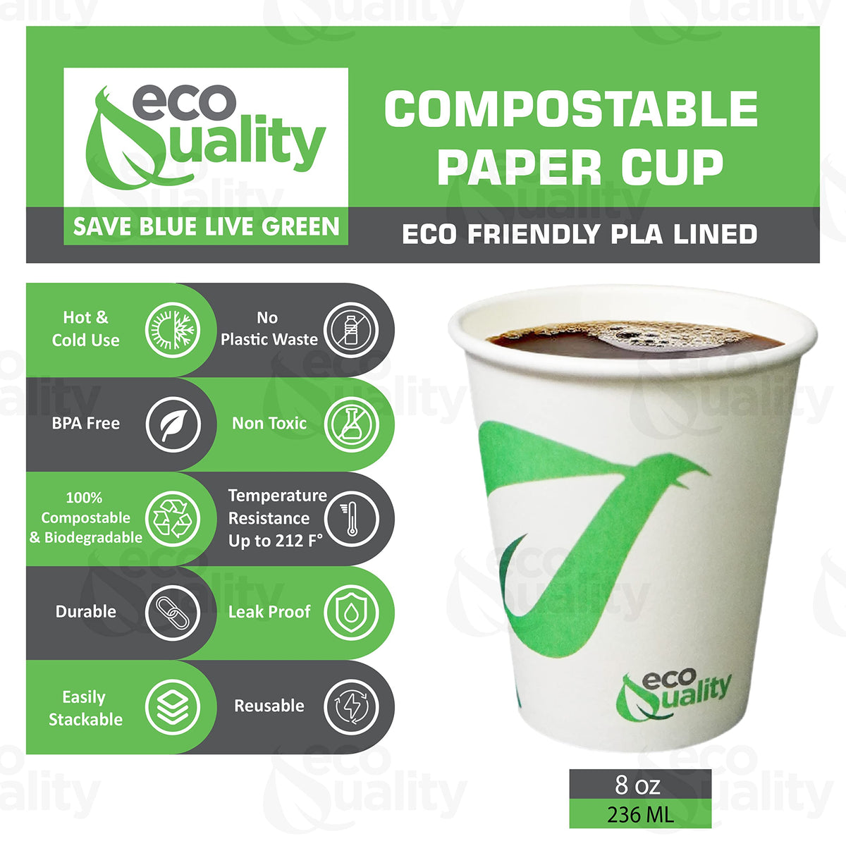 EcoQuality 8 oz Compostable Paper Cups - Biodegradable Disposable White Paper Coffee Cups PLA Lined - Eco-friendly Hot and Cold Drinking Cups