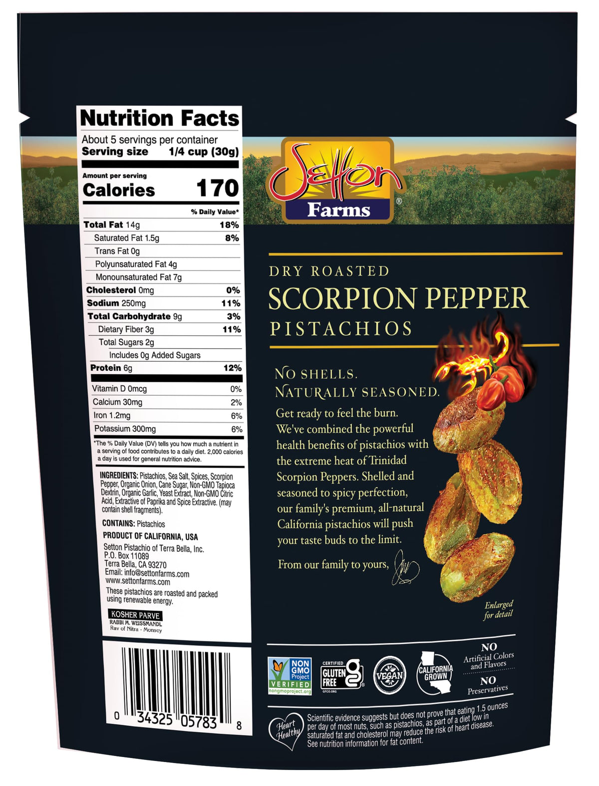 Setton Farms Pistachios, Scorpion Pepper Extreme Flavor, Naturally Seasoned, Dry Roasted No Shell, Non-GMO Project Verified, Gluten Free, Vegan