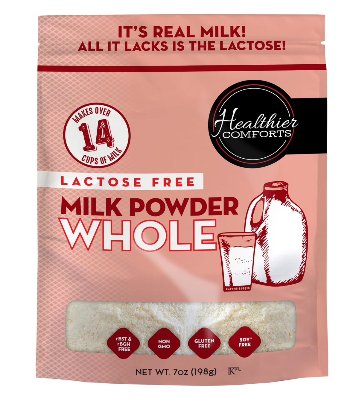 Healthier Comforts Lactose Free Whole Milk Powder | Non-GMO, rBST Hormone Free, Kosher, Gluten Free, No Fillers | Baking, Coffee Creamer, Shakes, Pantry Staple, Camping | Makes 14 cups (7 oz)