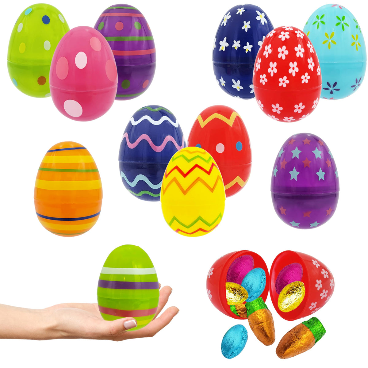 Chochkees 500-Pack Painted Fillable Easter Eggs with Hinge Bulk Colorful Painted Plastic Easter Eggs, Perfect for Easter Egg Hunt, Surprise Egg