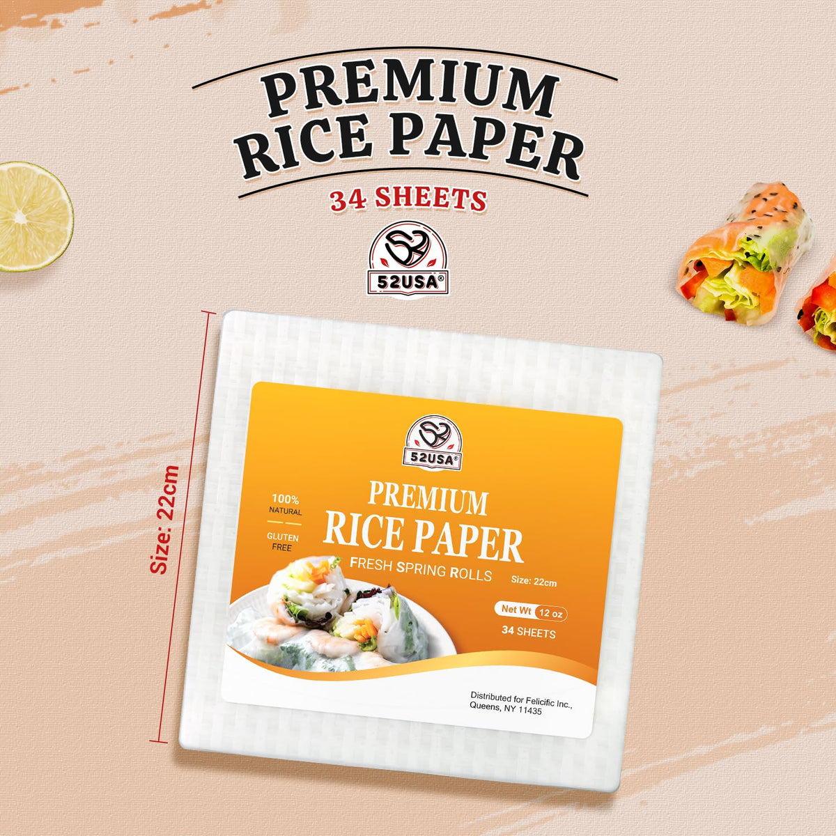 52USA Square Rice Paper Wrappers, 1 Pack, Spring Roll Wrappers & Dumplings