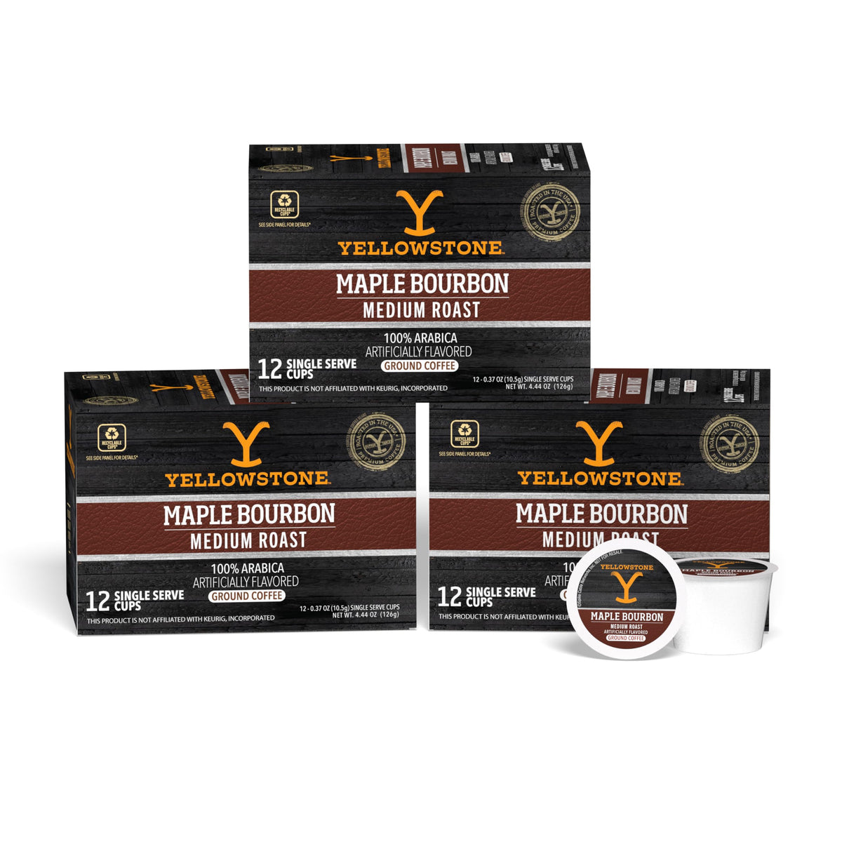 Yellowstone Maple Bourbon Medium Roast Coffee, Single Serve Recyclable Pods/Cups, 100% Arabica Beans, 36 Count