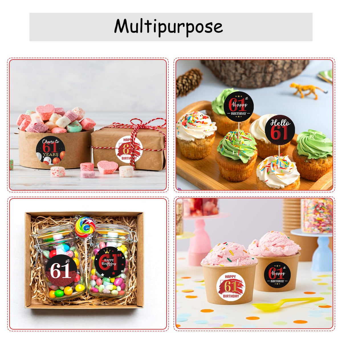 Happy 61st Birthday Party Favor Labels Chocolate Candy Stickers - 61 Years Old Birthday Round Candy Sticker Party Favors - Black and Red - 150