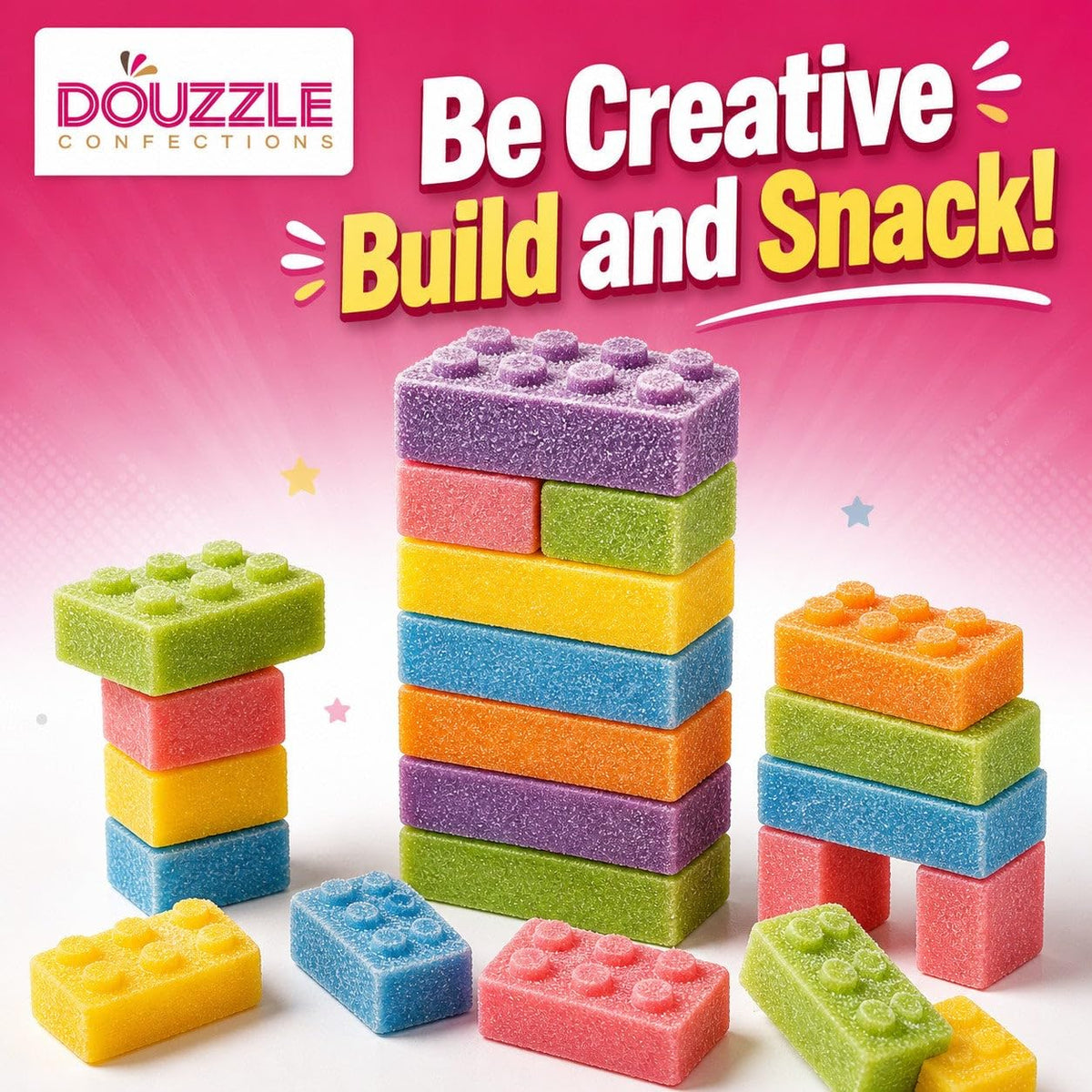 DOUzzle Kosher, Stack 'n Snack Candy Blocks, Edible Bricks, Building Blox, Construction Cake Toppers, (2 Pack), Individually Wrapped Treats, Birthday