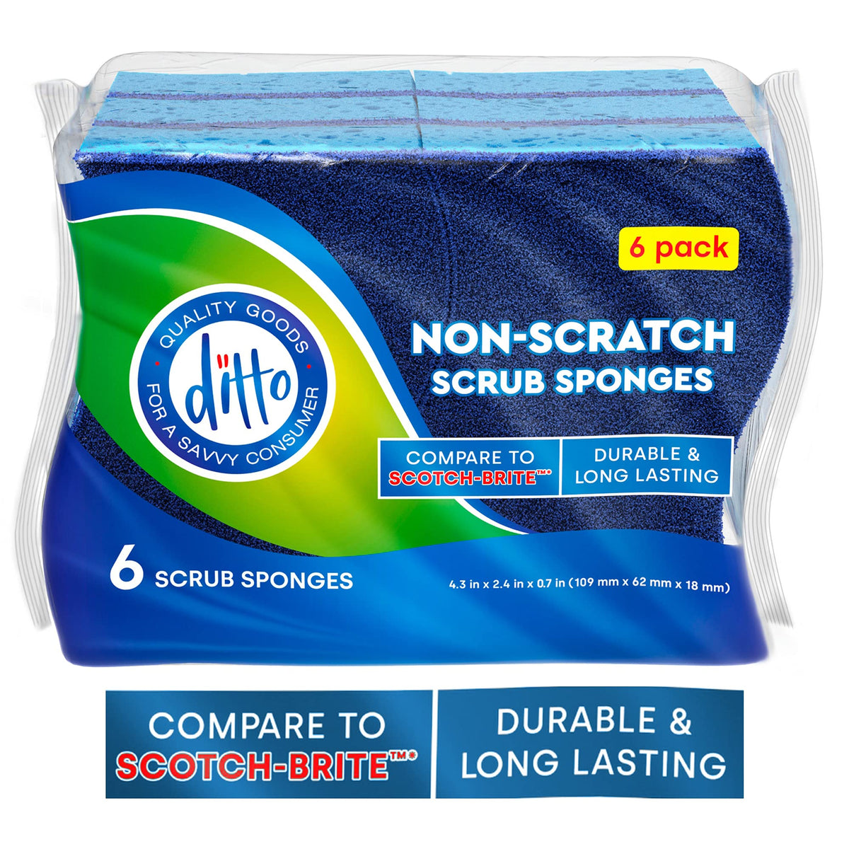 Ditto Non-Scratch Scrub Sponges (6 Pack) - Durable and Long Lasting - Safe On All Surfaces…