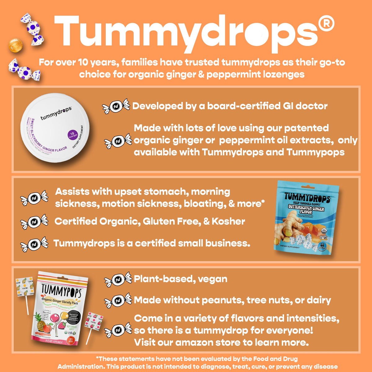 Tummydrops USDA Organic Butterscotch Ginger Flavor, Gluten Free & Vegan, 33 Organic Ginger Lozenges