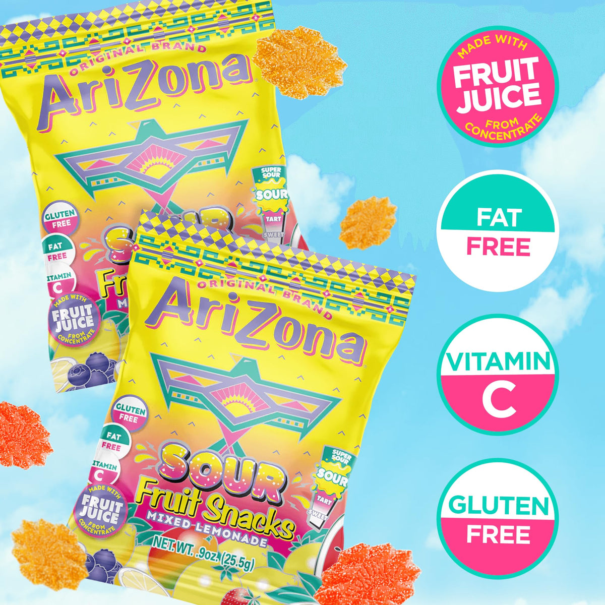 AriZona Lemonade Fruit Snacks, Sour Lemonade - 0.9 oz, 10 count Box