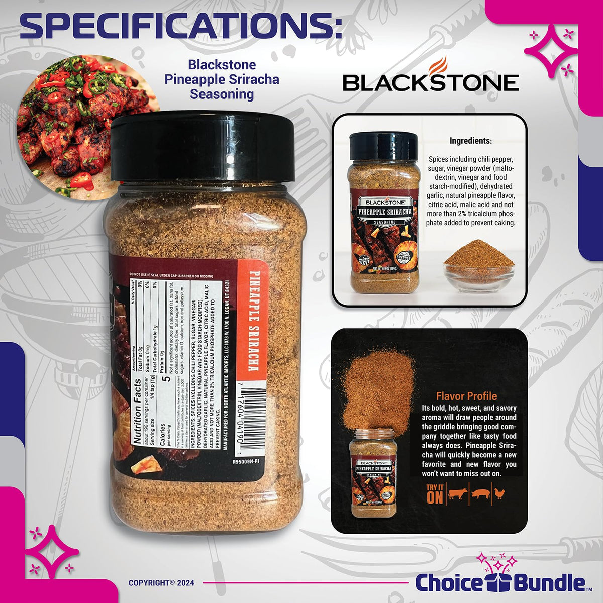 Blackstone Pineapple Sriracha & Cajun Seasoning - Gourmet Griddle Premium BBQ Barbecue Rub 4 Pk Choice Bundle (30.4 oz) + BBQ Guide & Bottle Opener (6