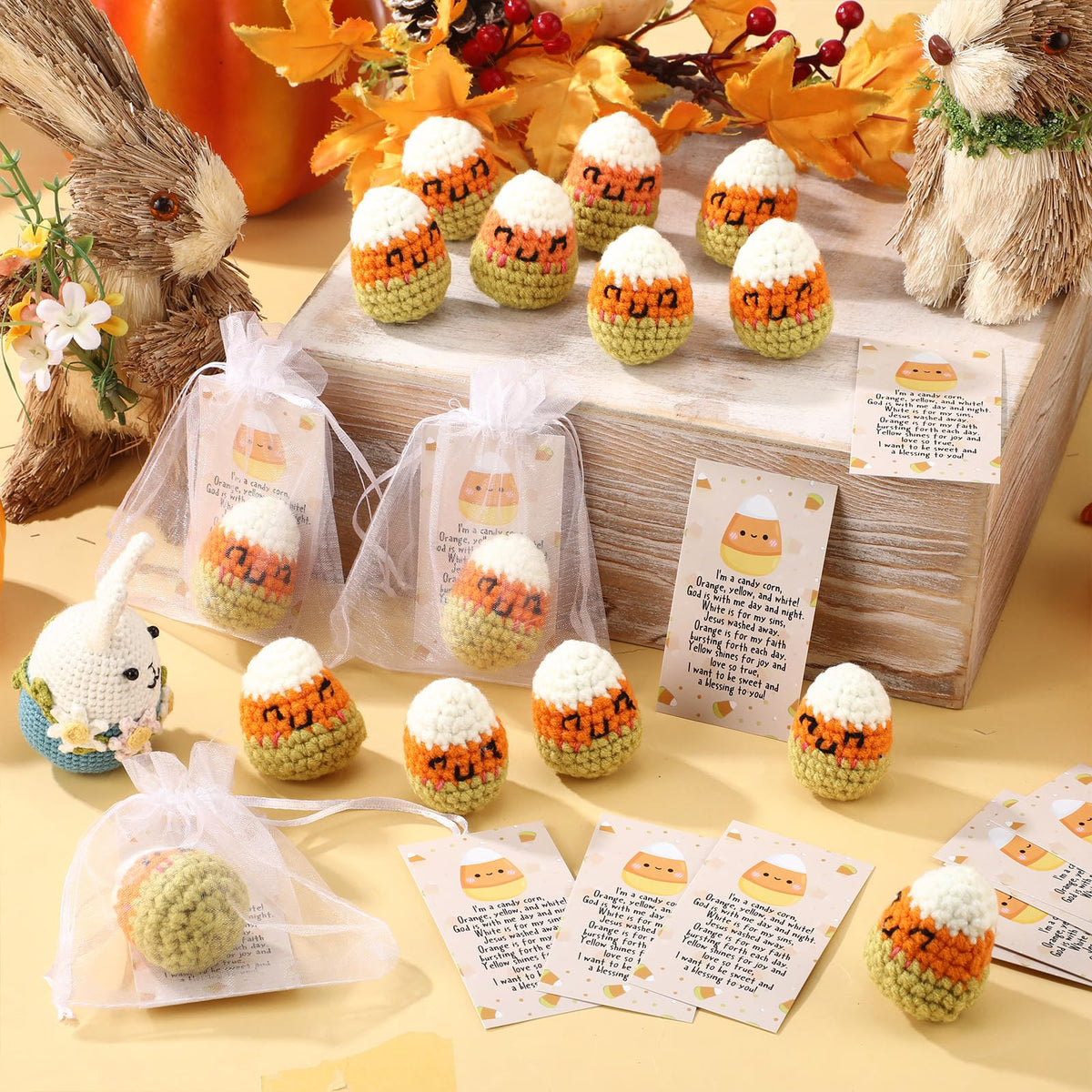 Blueweenly 20 Sets Crochet Candy Corns Bulk, Fall Religious Candy Corn Gift
