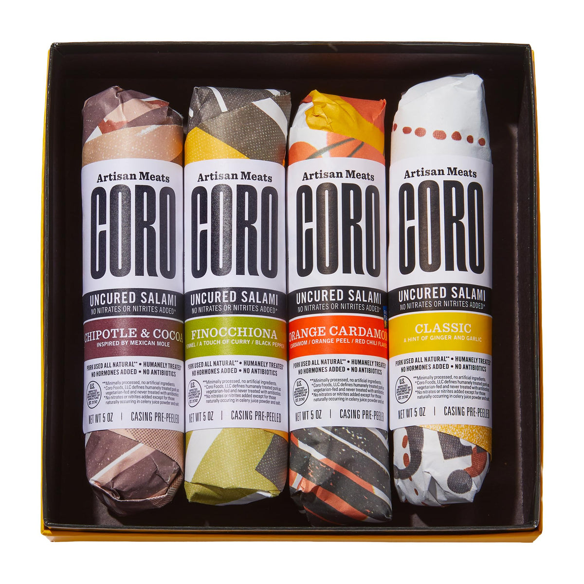 Coro Uncured Salami Gift Box - 4 Italian-Style Charcuterie Meat Sticks, 5oz
