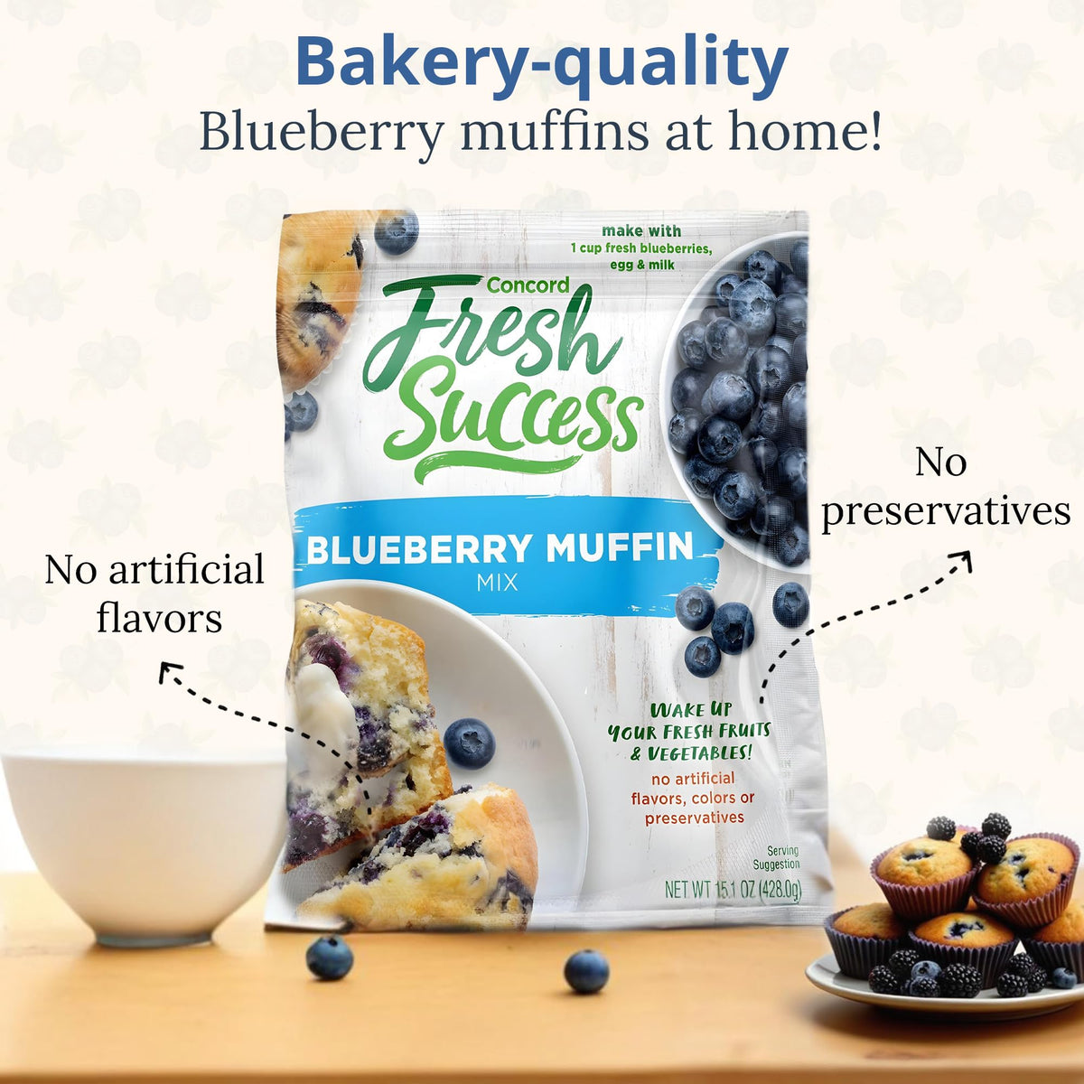 Concord Foods Blueberry Muffin Mix | Easy Bake Bread Mix for Fresh, Delicious Muffins at Home | Made with Natural Flavors & No Preservatives | Ideal for Breakfast, Brunch & Snacks | 15 Oz (Pack of 2)
