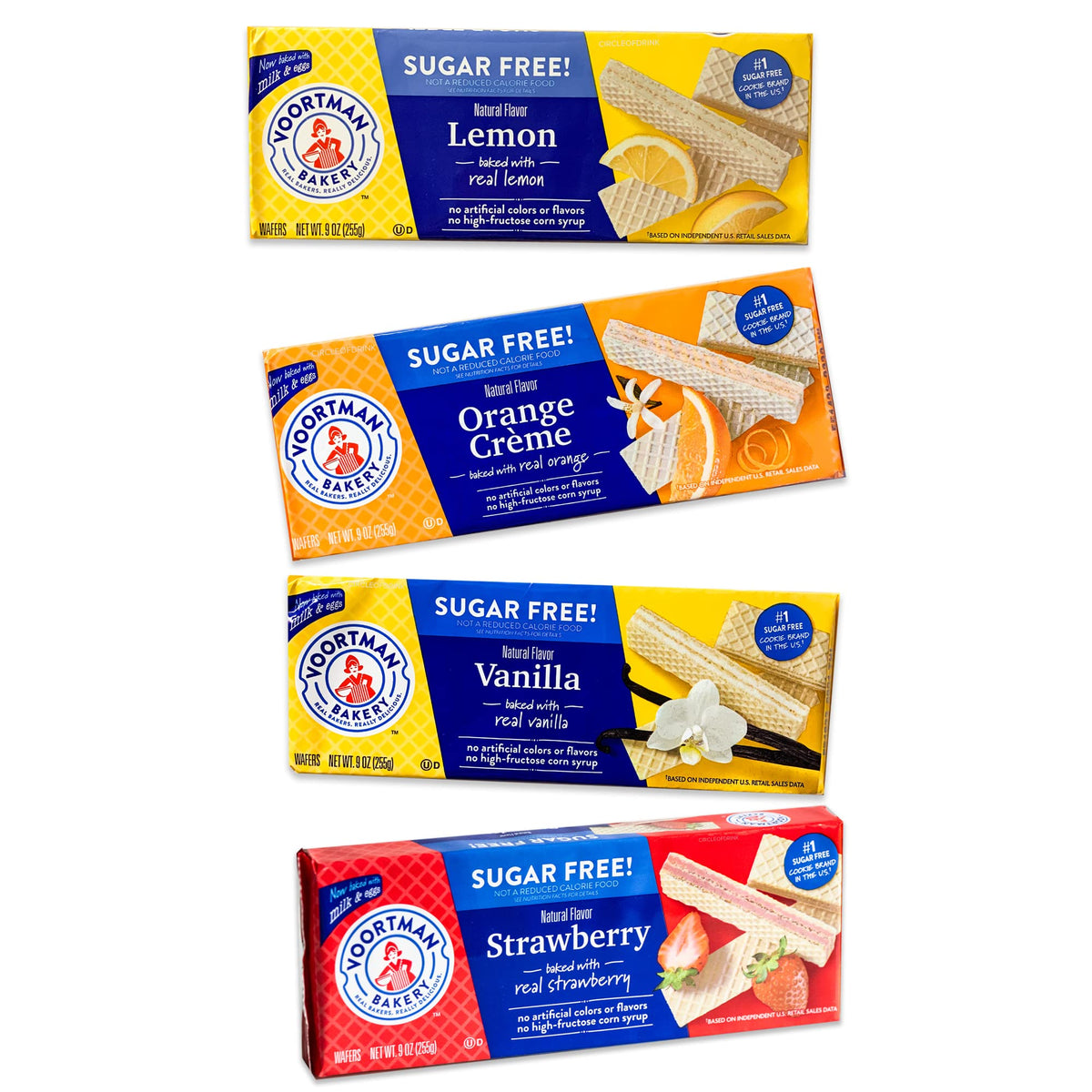 Voortman Sugar Free Wafers - Variety Pack - Lemon - Vanilla - Strawberry - Orange Creme - Baked with Real Ingredients - 4, 9oz packs