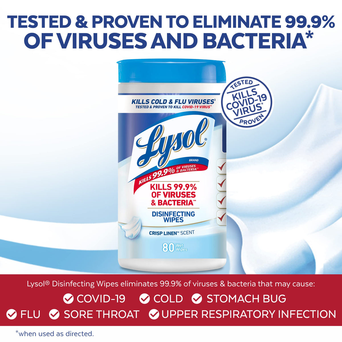 LYSOL 89346CT Disinfecting Wipes, Crisp Linen Scent, 7 x 8, 80/Canister, 6 Canister/Carton