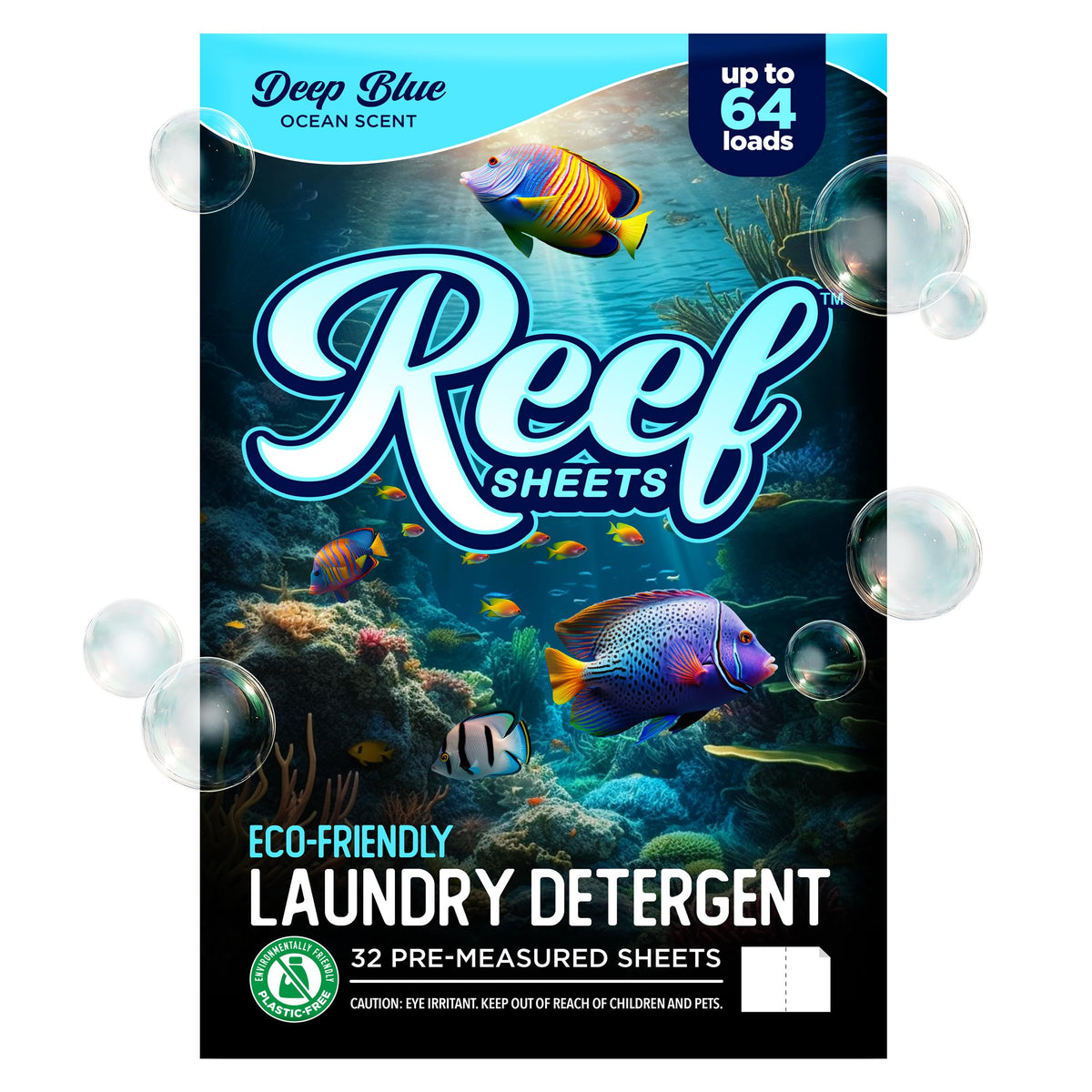 Reef Sheets Laundry Detergent Sheets, 64 loads, Hypoallergenic & Plastic-Free Eco-Friendly Packaging, Gentle on Skin, Tough on Stains