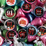 Happy 91st Birthday Party Favor Labels Chocolate Kisses Candy Stickers - 91 Years Old Birthday Round Candy Sticker Party Favors - Black and Red - 150