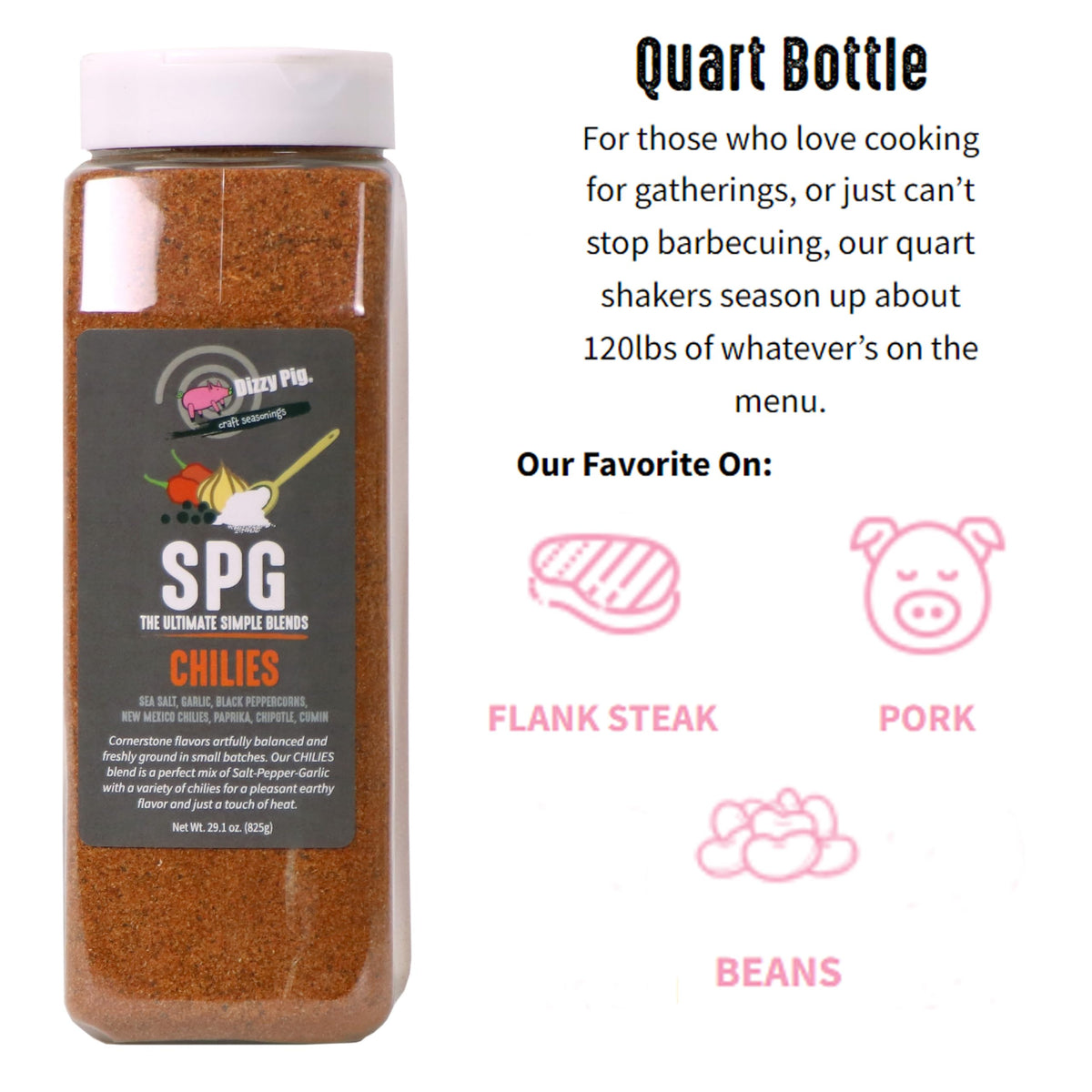 Dizzy Pig SPG Chilies (Salt, Pepper & Garlic) Seasoning Rub (Quart Shaker) - Hand Made in the USA - Seasons Around 120lbs of Food - MSG Free, Gluten