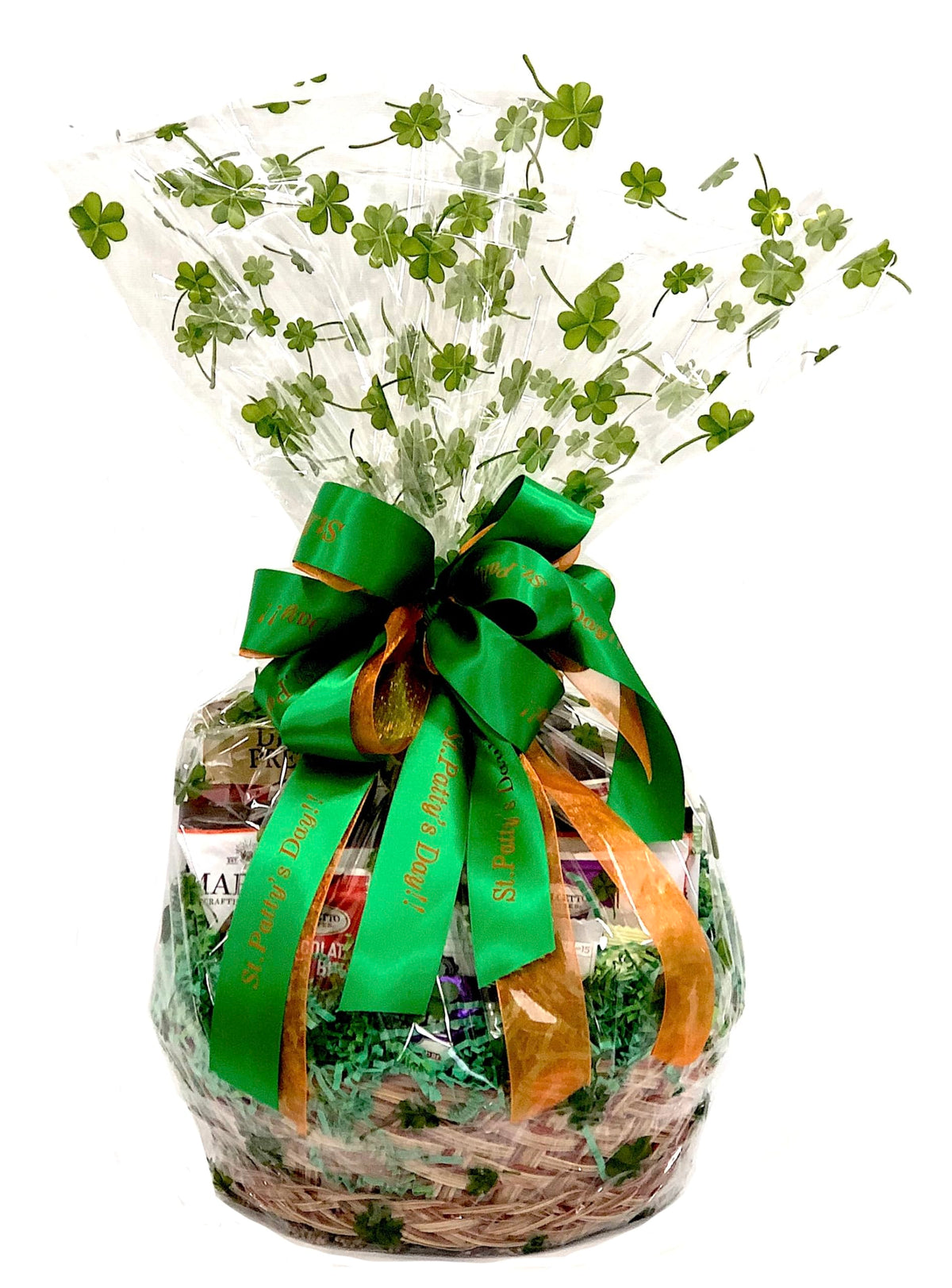 St. Patrick’s Day Gift Basket with Chocolate, Candy & Snacks - 8 Inch Shamrock Wrapped Gift Basket - Irish Holiday Treats for Family, Friends