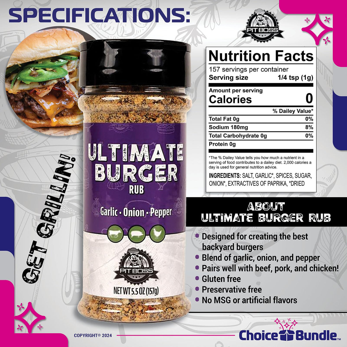 Pit Boss Ultimate Burger Premium BBQ Barbecue Mixed Seasoning Spice & Rub 4 pk Choice Bundle (22 oz) + Guide & Keychain Bottle Opener (6 Items)!