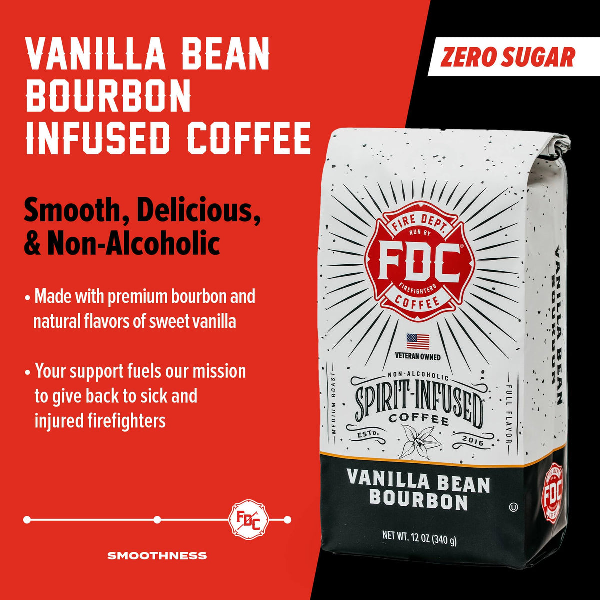 Fire Department Coffee - Vanilla Bourbon Coffee - Gives Back to Firefighters - Vanilla Bean Bourbon Infused Whole Bean - Non-Alcoholic - Roasted in