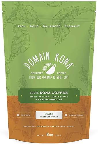 100% Kona Coffee - Whole Bean, Dark roast, Single estate gourmet coffee, 8 ounces, ships direct from Domain Kona Coffee, Farm fresh