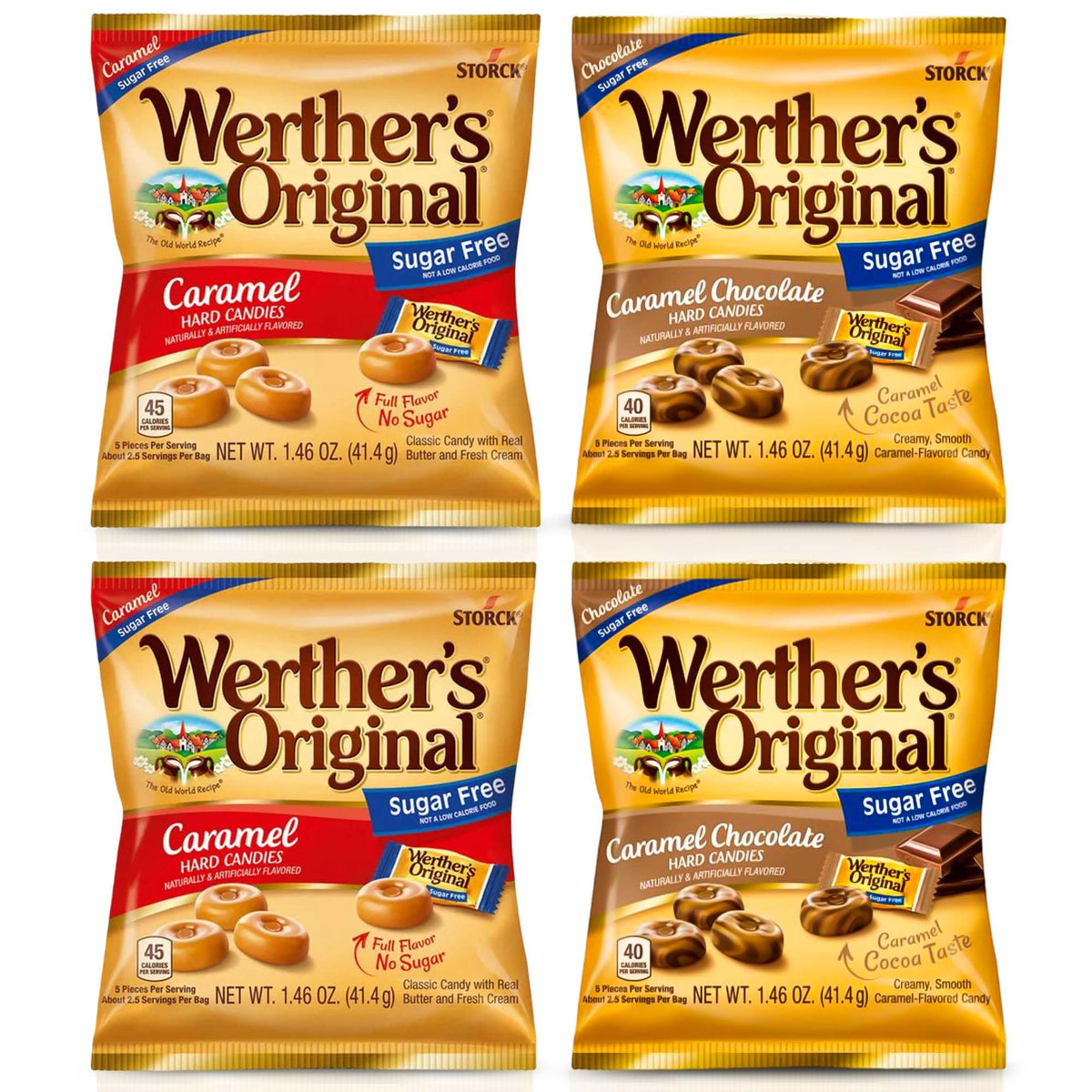 Werthers Sugar-Free Hard Candy Variety Pack (1.46 oz Each) - 2 Caramel & 2 Caramel Chocolate | Individually Wrapped Zero Sugar Snacks | Perfect