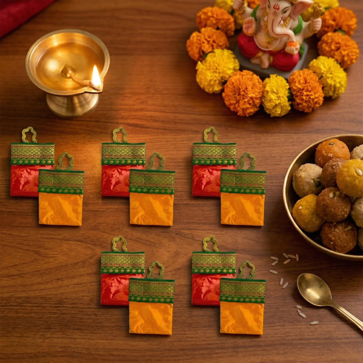 LOVENSPIRE Handbag Style Mini Haldi Kumkum Packets for Pooja Thali - Decorative Sindoor & Turmeric Powder Combo for Wedding & Housewarming Favors