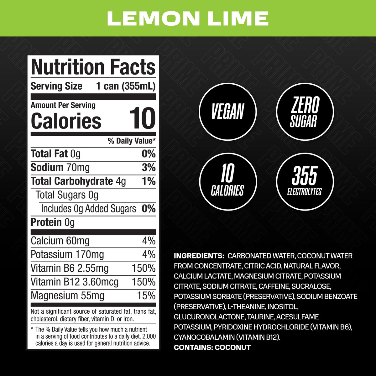 PRIME Energy LEMON LIME | Zero Sugar Energy Drink | Preworkout Energy | 200mg Caffeine with 355mg of Electrolytes and Coconut Water for Hydration|