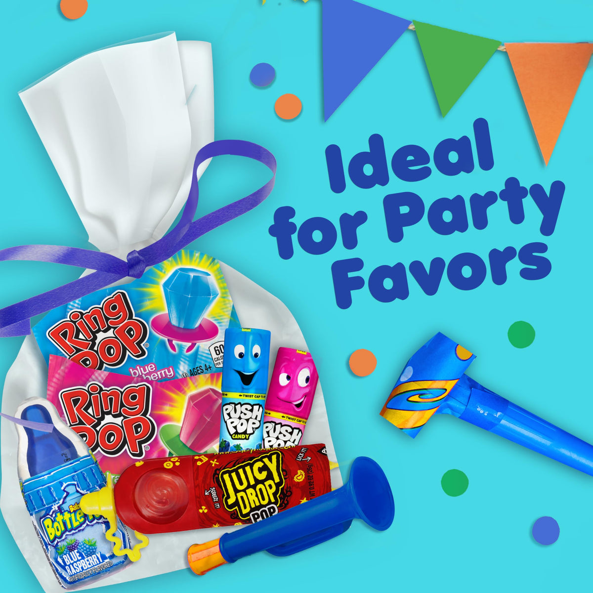 Candy Variety Pack, 18 Count Assorted Lollipops, Bulk Individually Wrapped Ring Pop, Push Pop, Baby Bottle Pop & Juicy Drop, Ideal for Birthdays