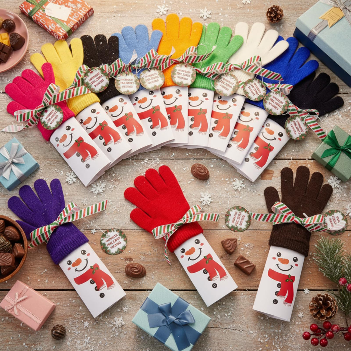 Cuffbow 24 Sets Winter Gloves Chocolate Bar Wrapper Hang Tags Ribbon Snowman Candy Bar Wrapper Kit Snowman Gift Warm Gloves Bulk Candy Wrappers