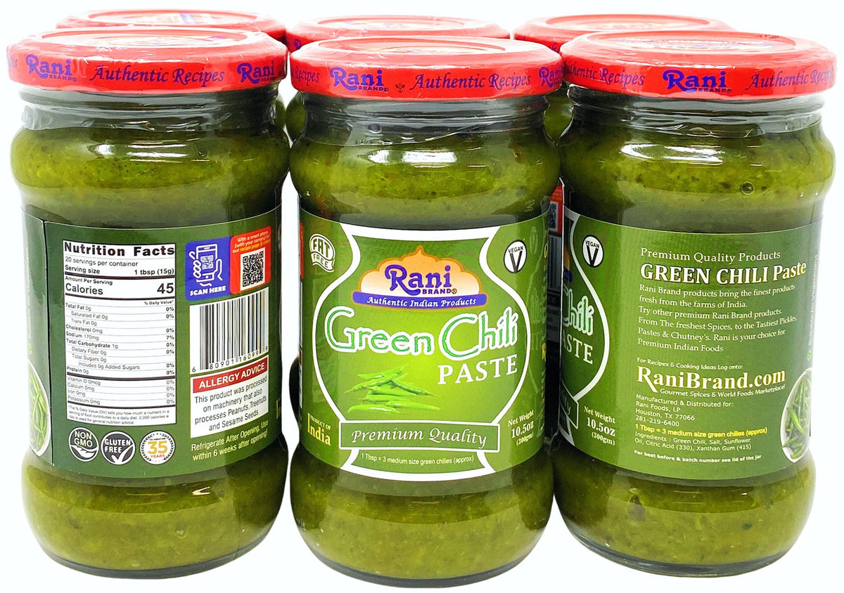 Rani Green Chilli Cooking Paste 10.58oz (300g) Glass Jar, Pack of 5+1 FREE ~ Vegan | Gluten Free | NON-GMO | No Colors | Indian Origin