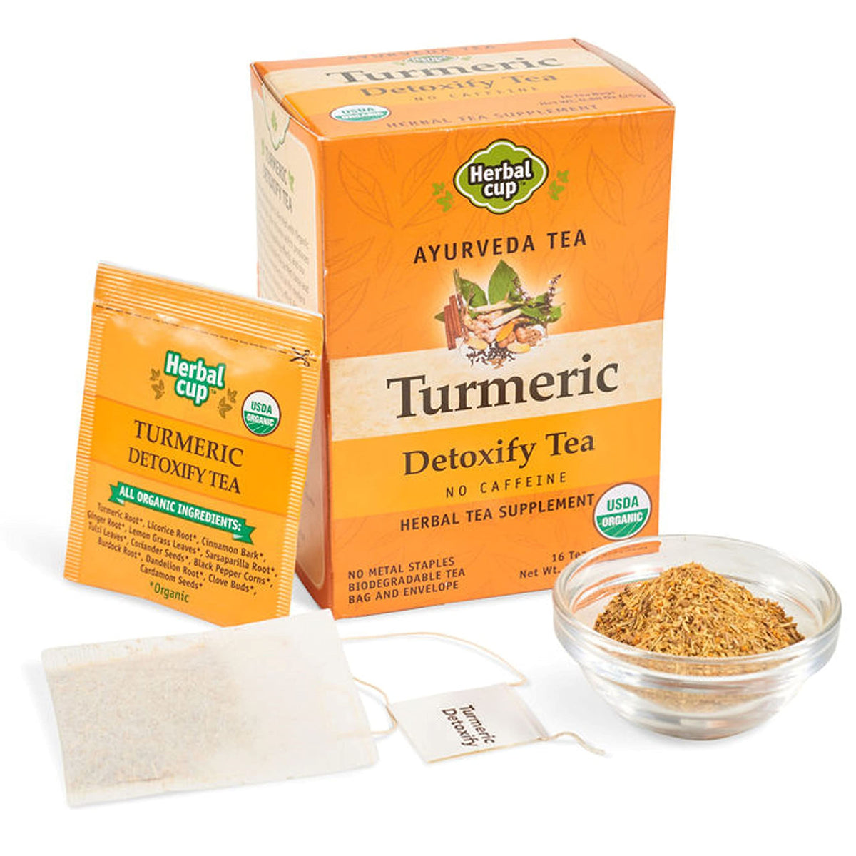 Herbal Cup Ayurveda Turmeric Tea, Organic Detoxify, No Caffeine Herbal Teas (Turmeric Detoxify, 16 Count (Pack of 6))