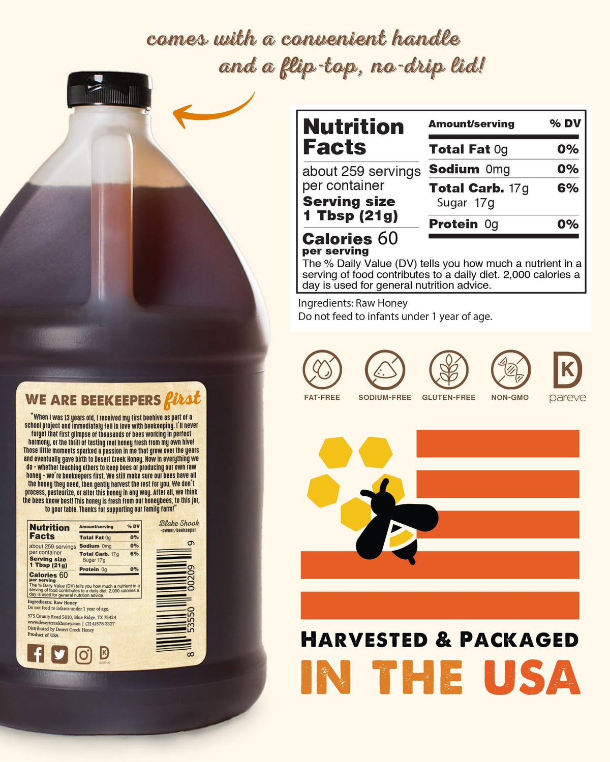 Desert Creek Honey - 100% Unfiltered, Pure, Raw Honey from Texas - Natural Sugar Substitute - One Gallon of Bulk Unprocessed, Unpasteurized American Honey - Harvested by Our Own Beekeepers
