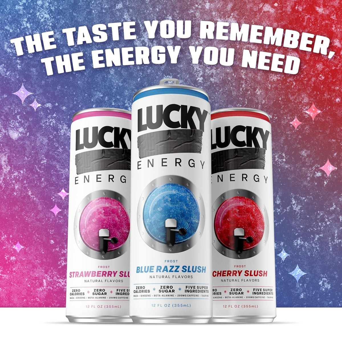 Lucky Energy Drink Strawberry Slush, Zero Calories, 200mg Caffeine, 12 Pack