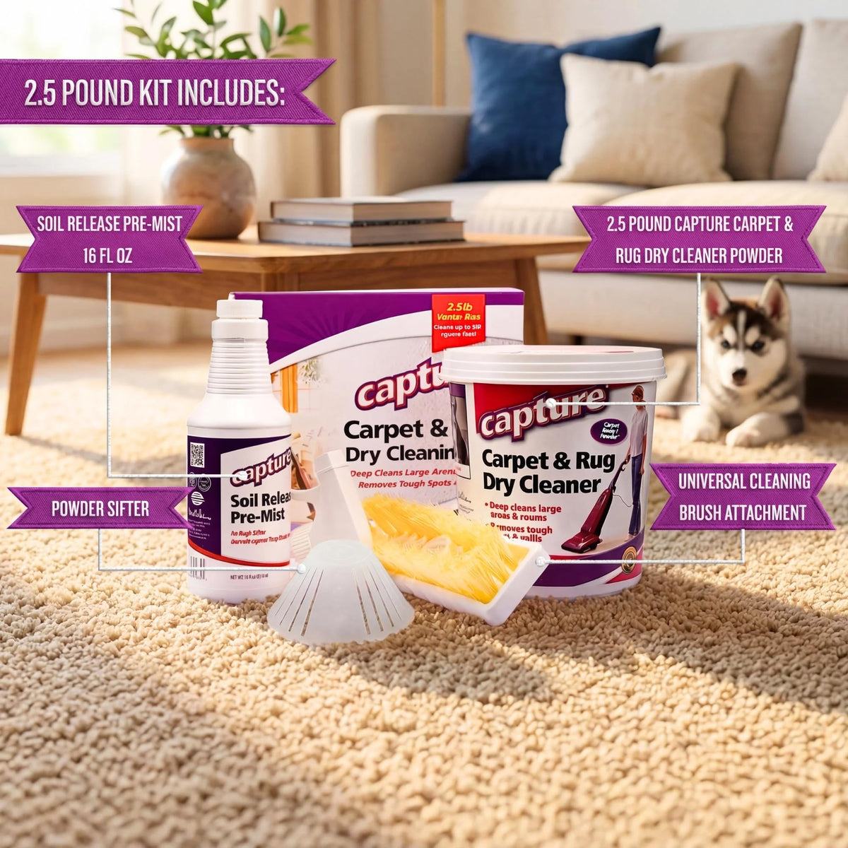 Capture Carpet Total Care Kit 250 - Carpet Deodorizer & Freshener Powder - Spot & Stain Remover - Pet Odor Eliminator - Fresh Natural Scent - Dry Rug