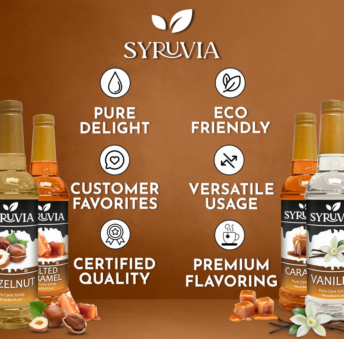 Syruvia Coffee Syrup Variety Pack Vanilla, Caramel, Hazelnut & Salted Caramel Kosher, 25.4 fl oz bottles - Elevate Your Coffee Experience!