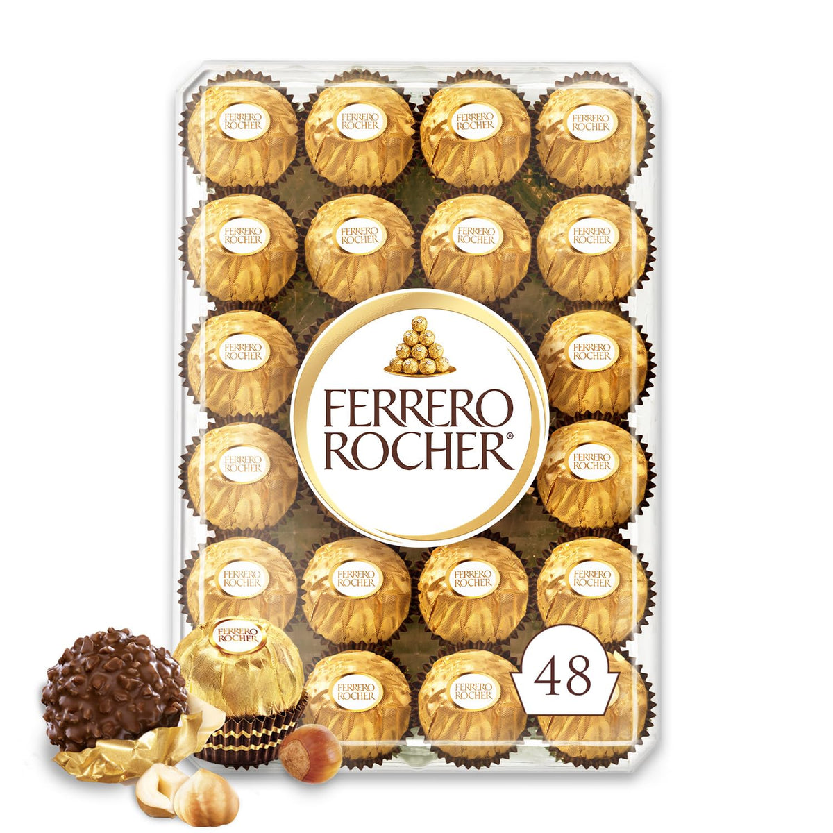 FERRERO ROCHER Fine Hazelnut Milk Chocolate Gift Box, 48 Count, Ideal Hostess Gift, 600g