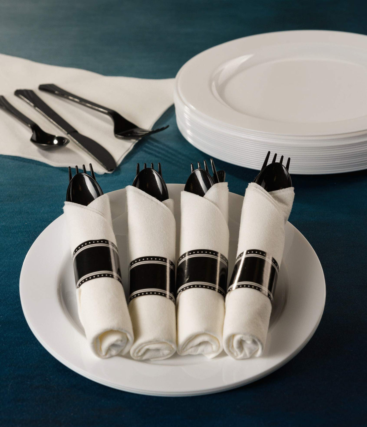 Pre-Rolled Cutleries & Napkins | Black & White | 10 Pcs