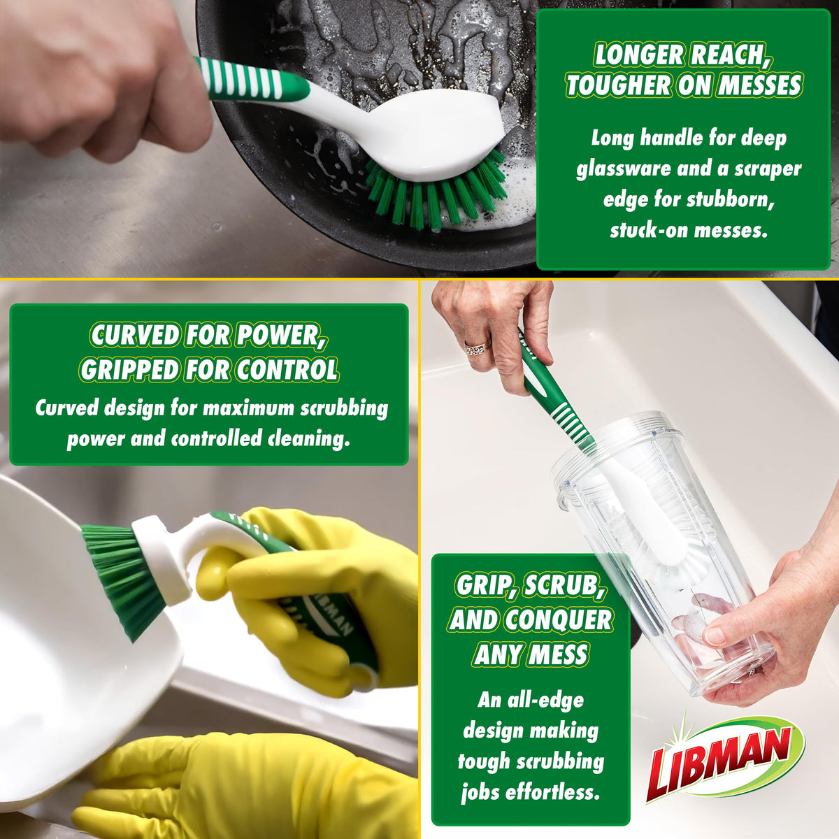Libman Green & White Cleaning Brush Kit, 3-Piece Set, All-Purpose Brushes for Kitchen, Basins, Sinks, Dishwashers