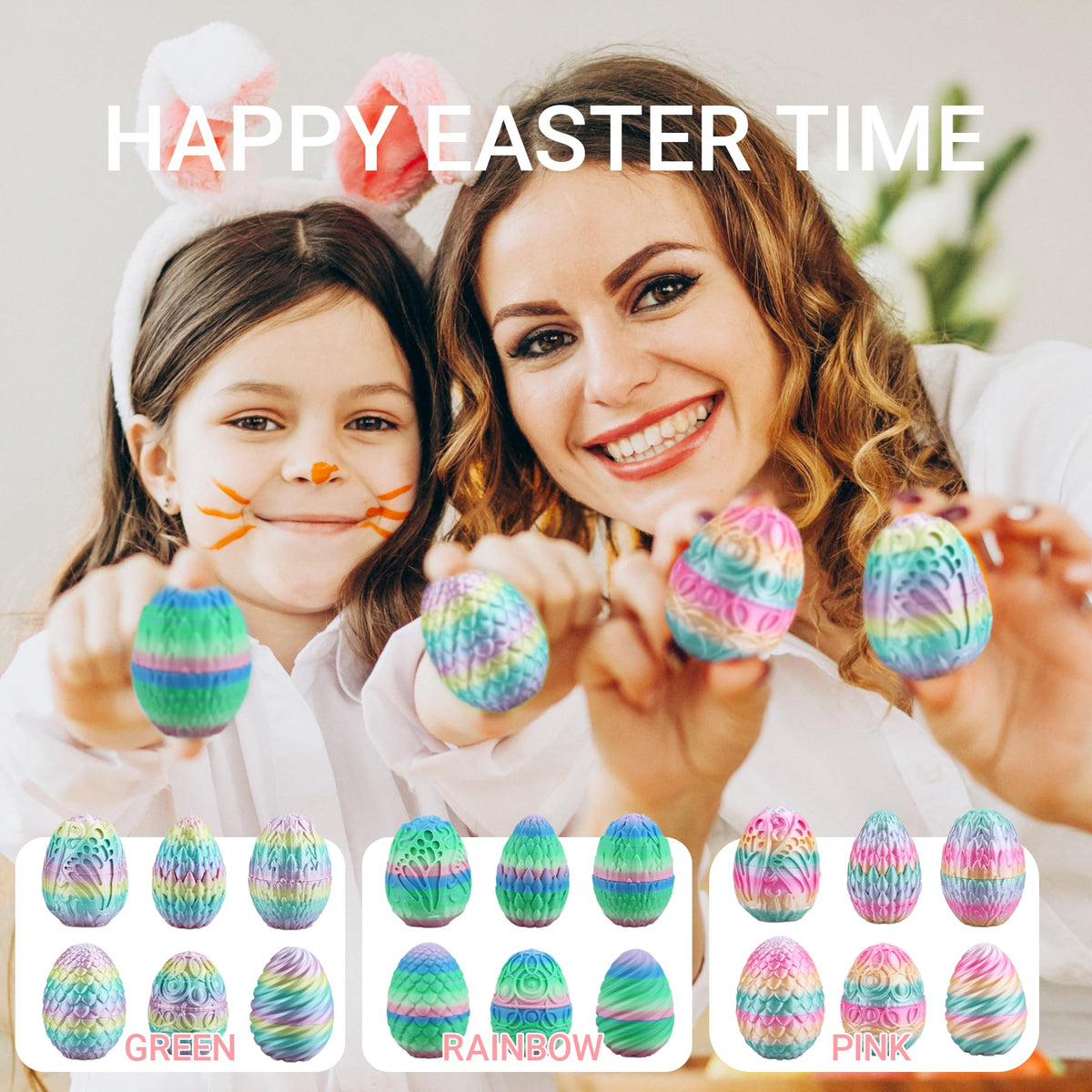 6PCS 3D Printed Fillable Dragon Eggs, Mystery 3D Printed Toy Easter Basket Stuffer, Theme Party for Easter Eggs Hunt Game (Matte Rainbow)