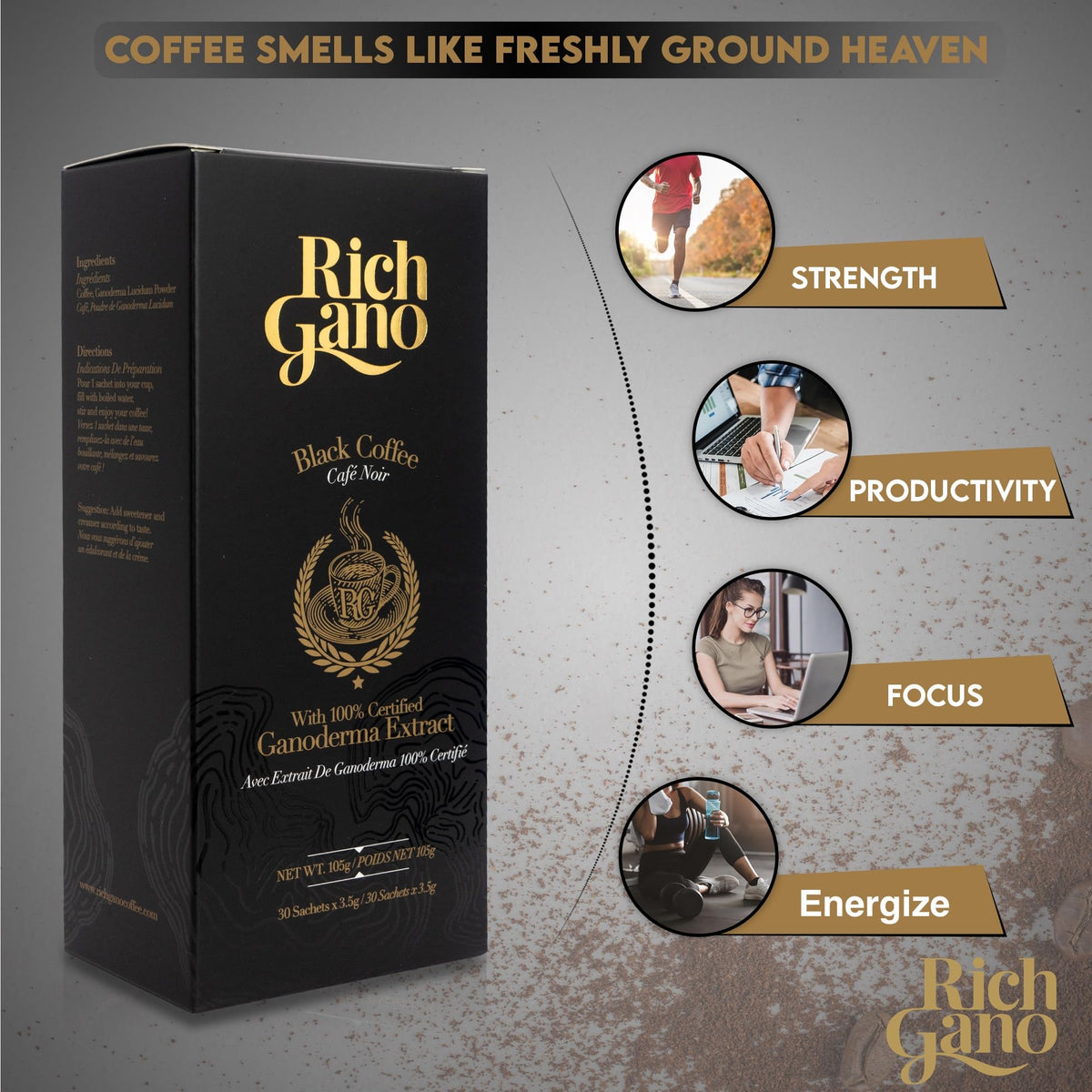 Rich Gano Reishi Mushroom Coffee - (3 Boxes of 30 Sachets) Black Coffee with Ganoderma Extract - All Natural Vegan Friendly Instant Coffee Packets