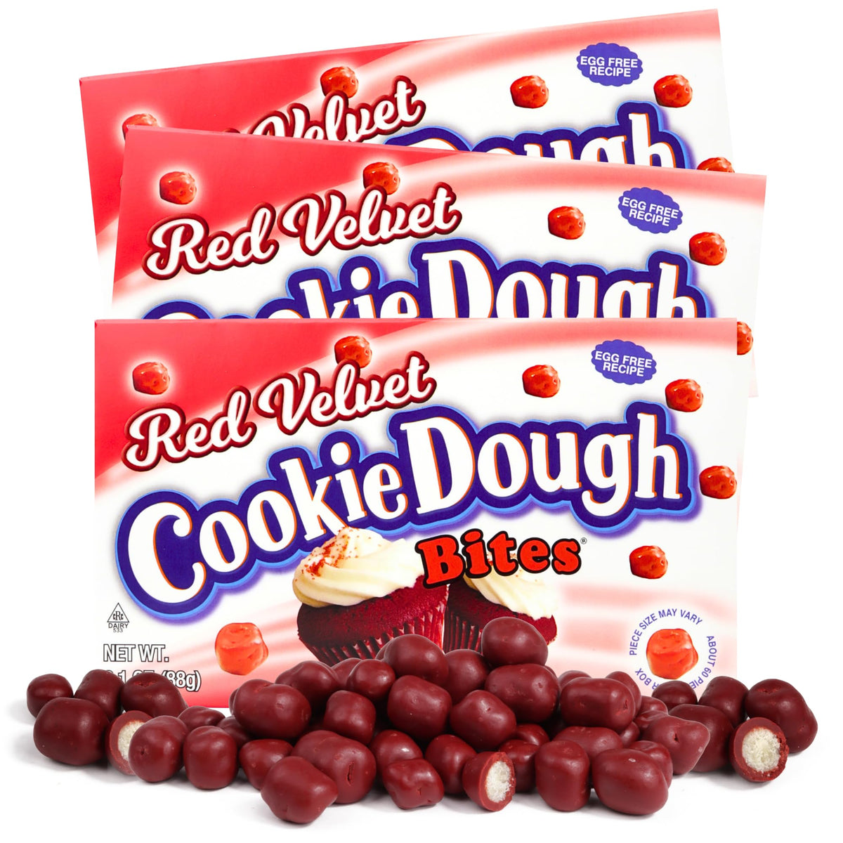 Red Velvet Bite Sized Edible Cookie Dough, Valentine's day Candy, Movie Theater Candies, Ice Cream Toppers and Candy Buffets, 3.1 Ounces (Pack of 3)