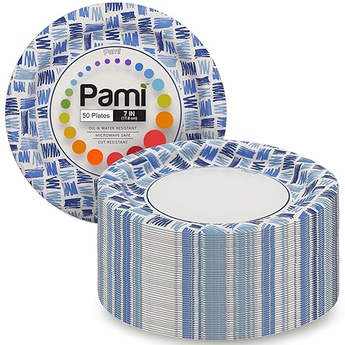 PAMI Heavy-Duty Disposable Small Round Paper Dishes | Microwave-Safe, Oil, Water & Cut Resistant (7 Inch Plate 50 Blue)
