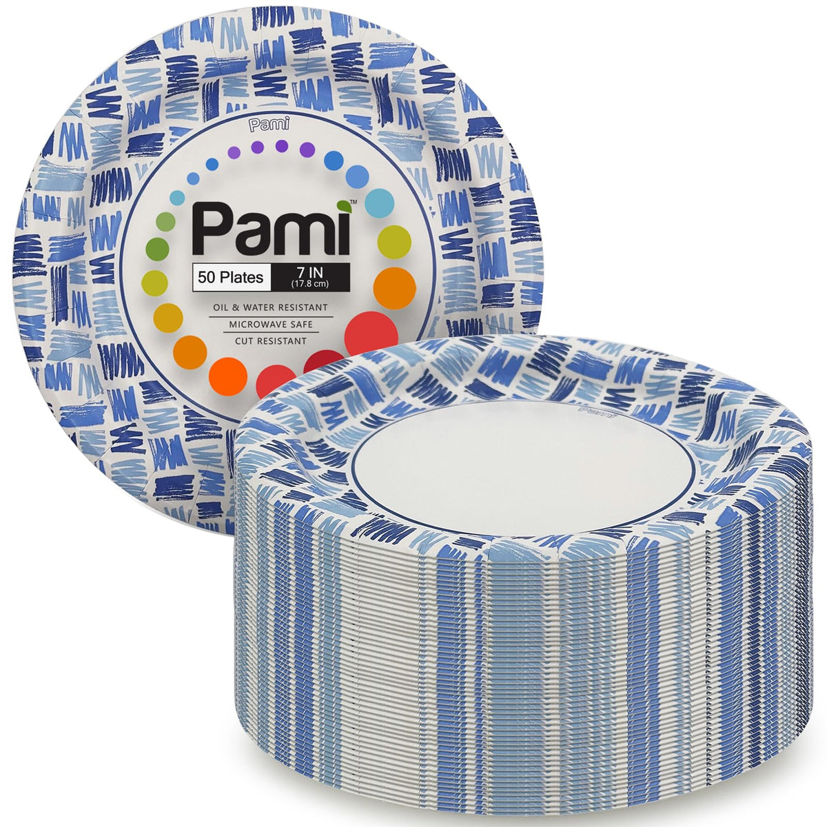 PAMI Heavy-Duty Disposable Small Round Paper Dishes | Microwave-Safe, Oil, Water & Cut Resistant (7 Inch Plate 50 Blue)