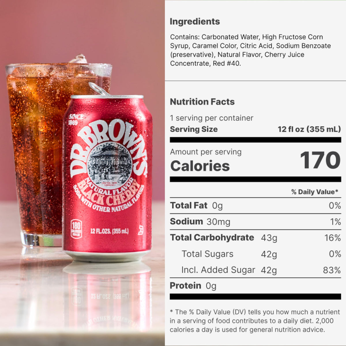 Dr. Brown's Black Cherry Soda - A New York Original - 24 Cans - Kosher, Gourmet Soda Pop - Black Cherry Flavored Craft Soda - 24 x 12 oz Cans